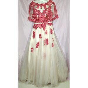 Vtg Retro Pink Beaded Gown SZ L Formal Dress Tulle Lace Sequins 50s Fairy Queen